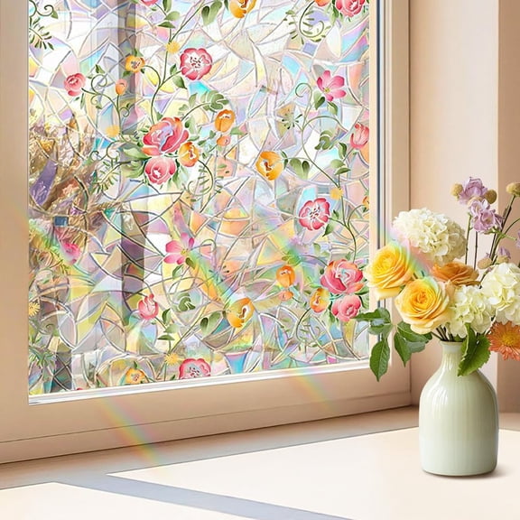Flower Window Privacy Film, Floral Static Cling Sticker, Decorative Rainbow Glass Decals, Non Adhesive Reusable Windows Cover for Home Office Door Decor