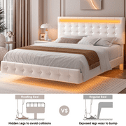 Homfa King Floating Bed with Lights, LED Platform Bed Frame with Under Bed Storage, PU Leather Adjustable Tufted Upholstered Bed, White