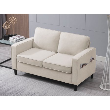 Mjkone Modern Linen Loveseat Sofa Couch with Side Pocket for Apartment,Easy Assembly,Beige