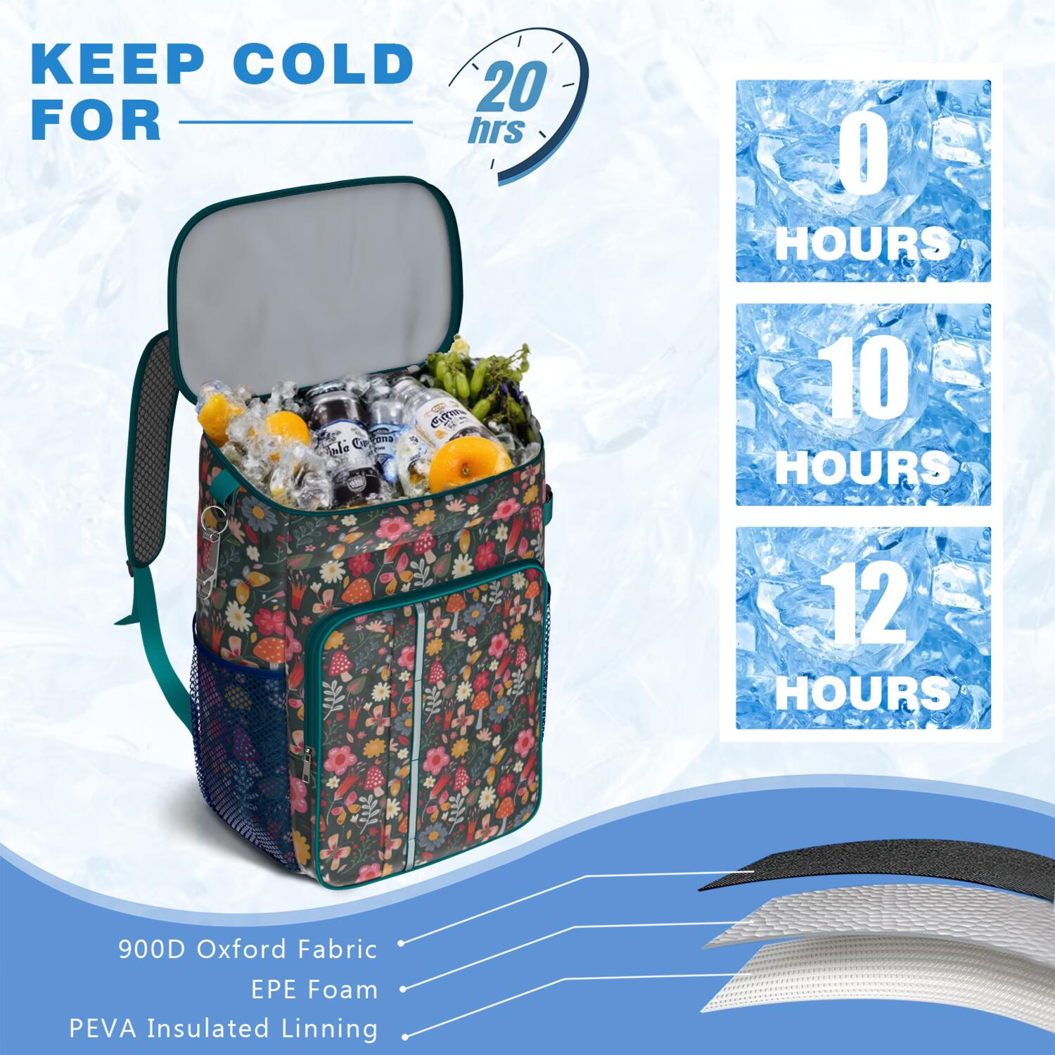 Travel Cooler Bag - Pioneer Flower Floral Print Pattern Camping Beer Cooler Backpack with Bottle Opener- Waterproof Insulated Picnic Backpacks - Cooler Bag for Beach