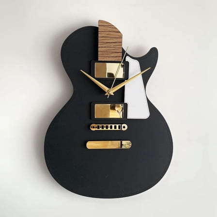 goodtime Guitar Clock, Black & Gold, Modern, Silent Clock, 11 x 15 inches, Acrylic, Oak, Music Theme, Quartz Mechanism, Unique Musical Gift for Men and Women, Wall Mount