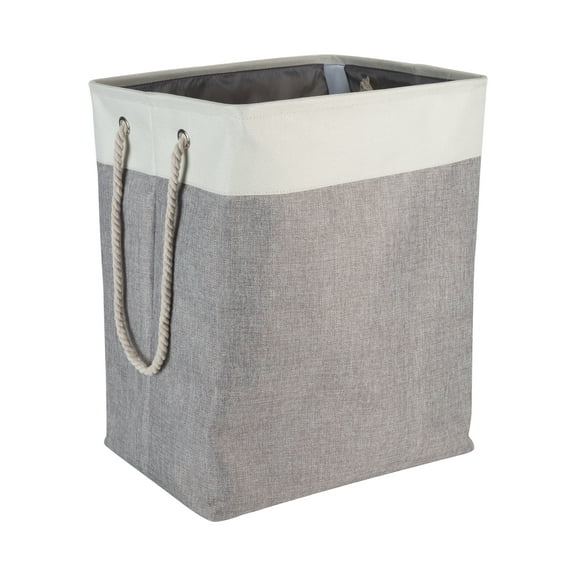 Simplify Collapsible Large Polyester Laundry Hamper with Rope Handles, Gray and Beige