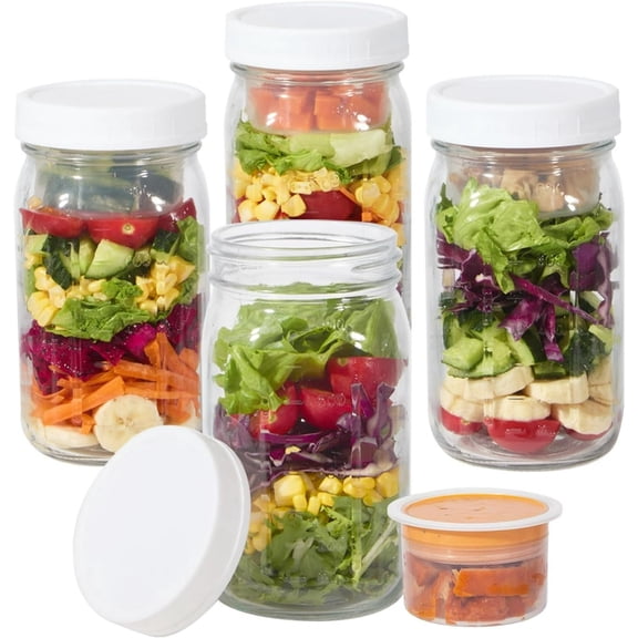 4 Pack Glass Salad Jars with Lids Meal Prep, Two Small Built-in Boxes with Wet/Dry Separation for Salad Dressing and Dry Ingredients, 32oz Mason Jars