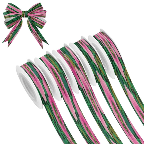 25-yard Christmas-Print Ribbon 5-Roll Pack Gift Wrapping/Holiday Decorations/DIY Crafts Cuttable Recyclable Design Groovy Green and Pink Flowers