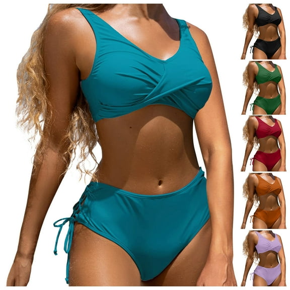 UTSJKR Women's High Waisted Bikini Sets Swimsuits for 2 Piece Hawaiian Tropical Summer Fashion Swim Cami Bra Ruffles Bathing Sets Black S