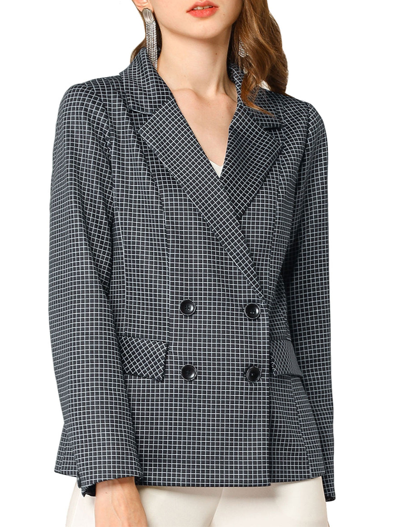 Allegra K - Women’s Plaid Notch Lapel 4 Buttons Double Breasted Formal ...