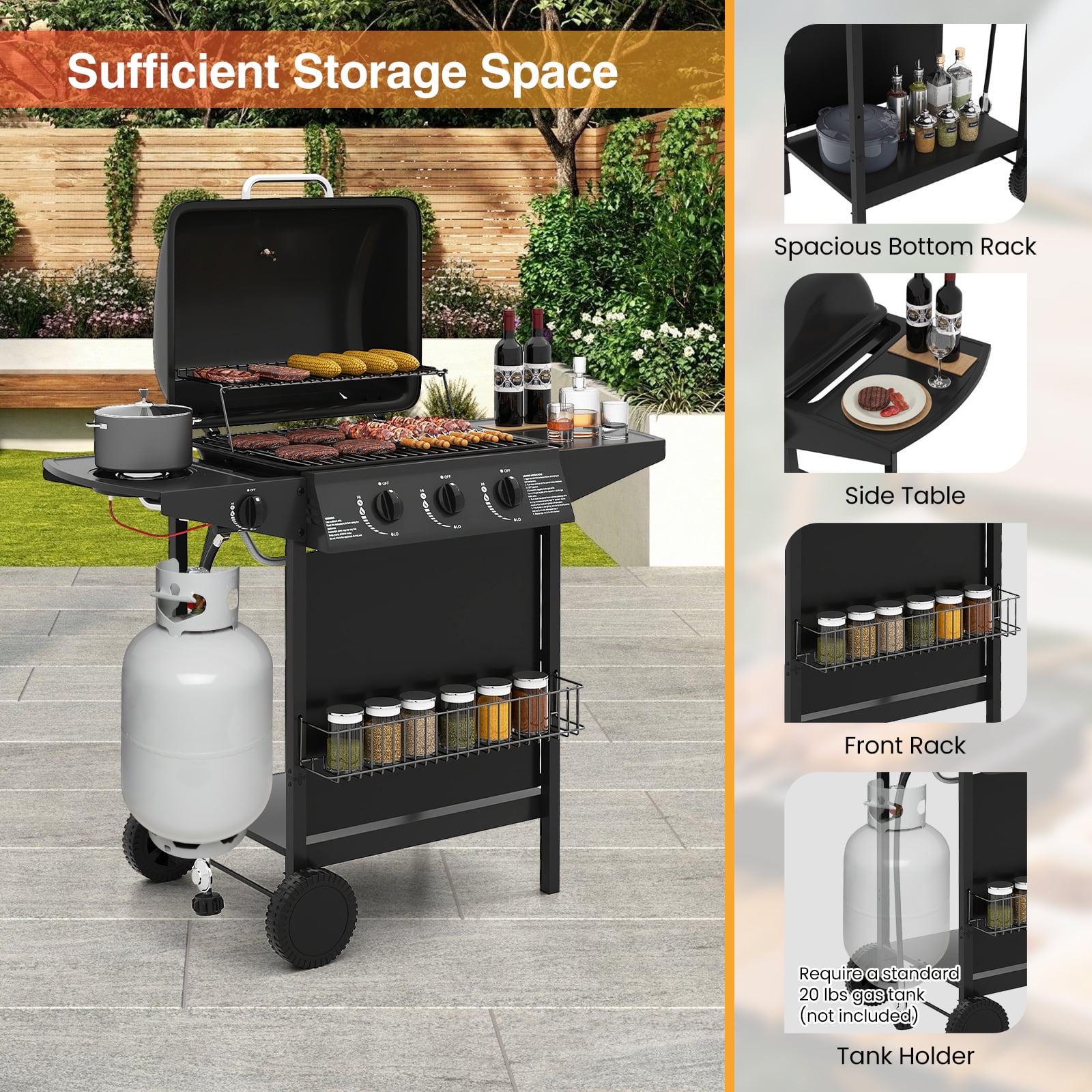 Gymax 39000 BTU Outdoor Cooking Grill w/ Storage Shelves & Porcelain-Enameled Grates