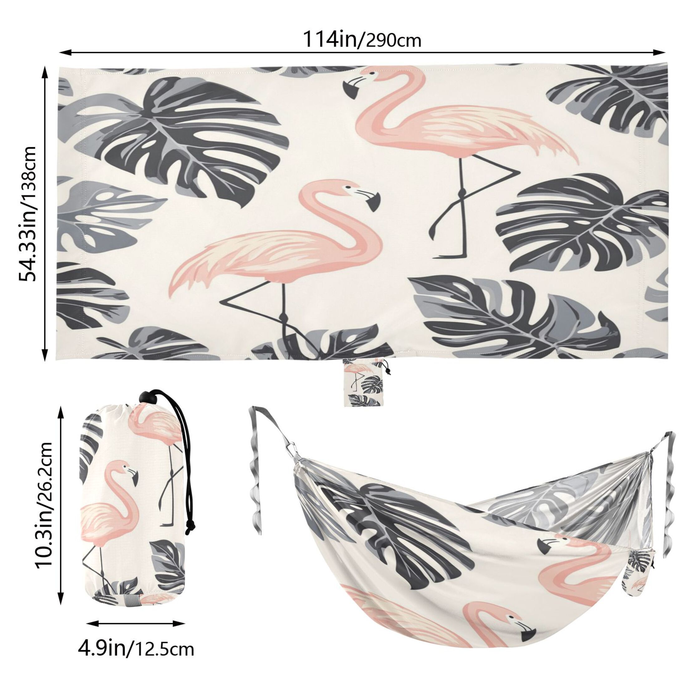 Wobogo Flamingo Monstera Leaves Pattern Camping Hammocks 330 lb Capacity with Tree Straps and Hanging Pockets for Outside Hiking Beach Backpack Travel