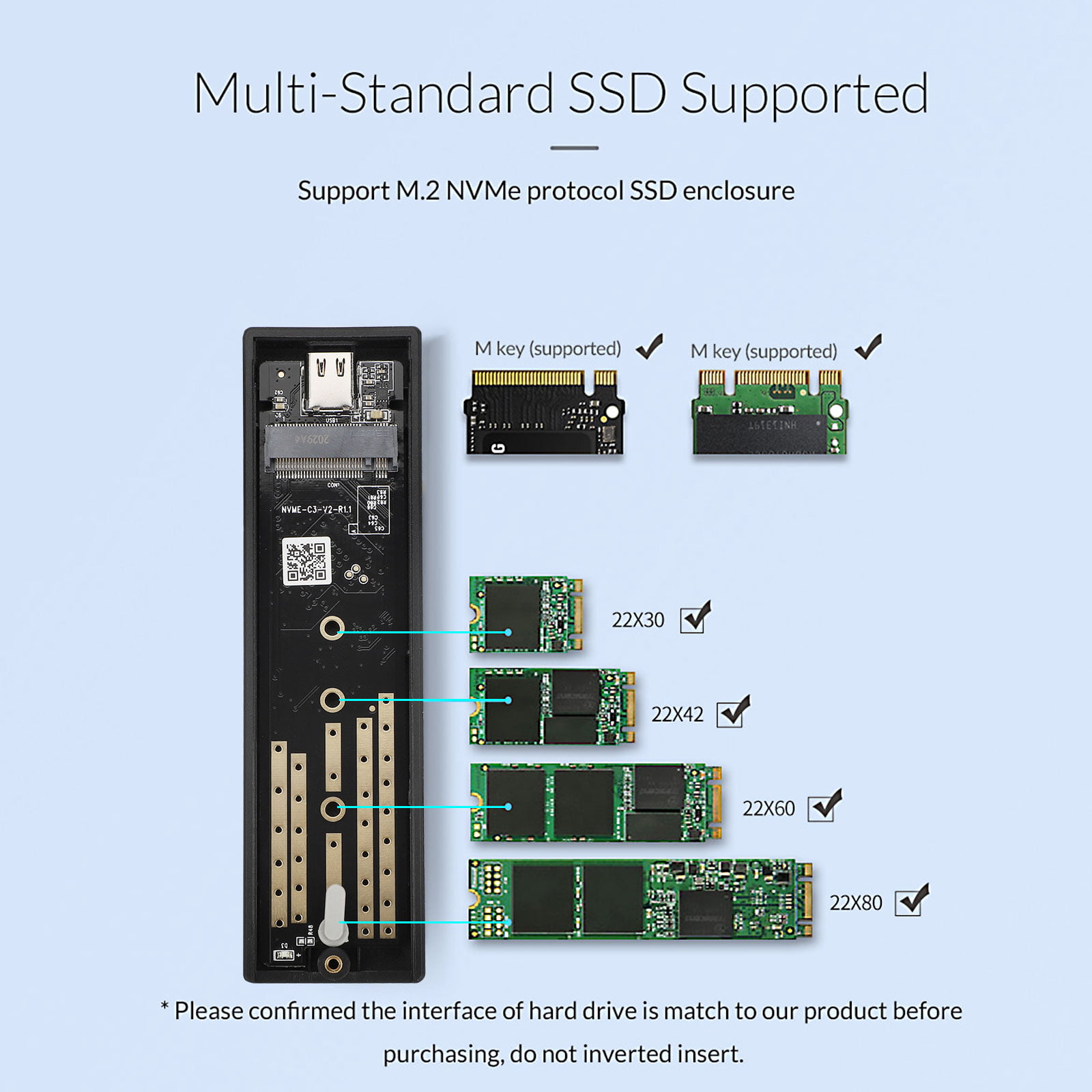 Qphone12 M.2 to USB Adapter, USB3.1 to M.2 NVME Hard Disk Enclosure NGFF  PCI-E Protocol, Compatible with NVMe (PCI-e) M Key SSD & (B+M Key SATA  Based)