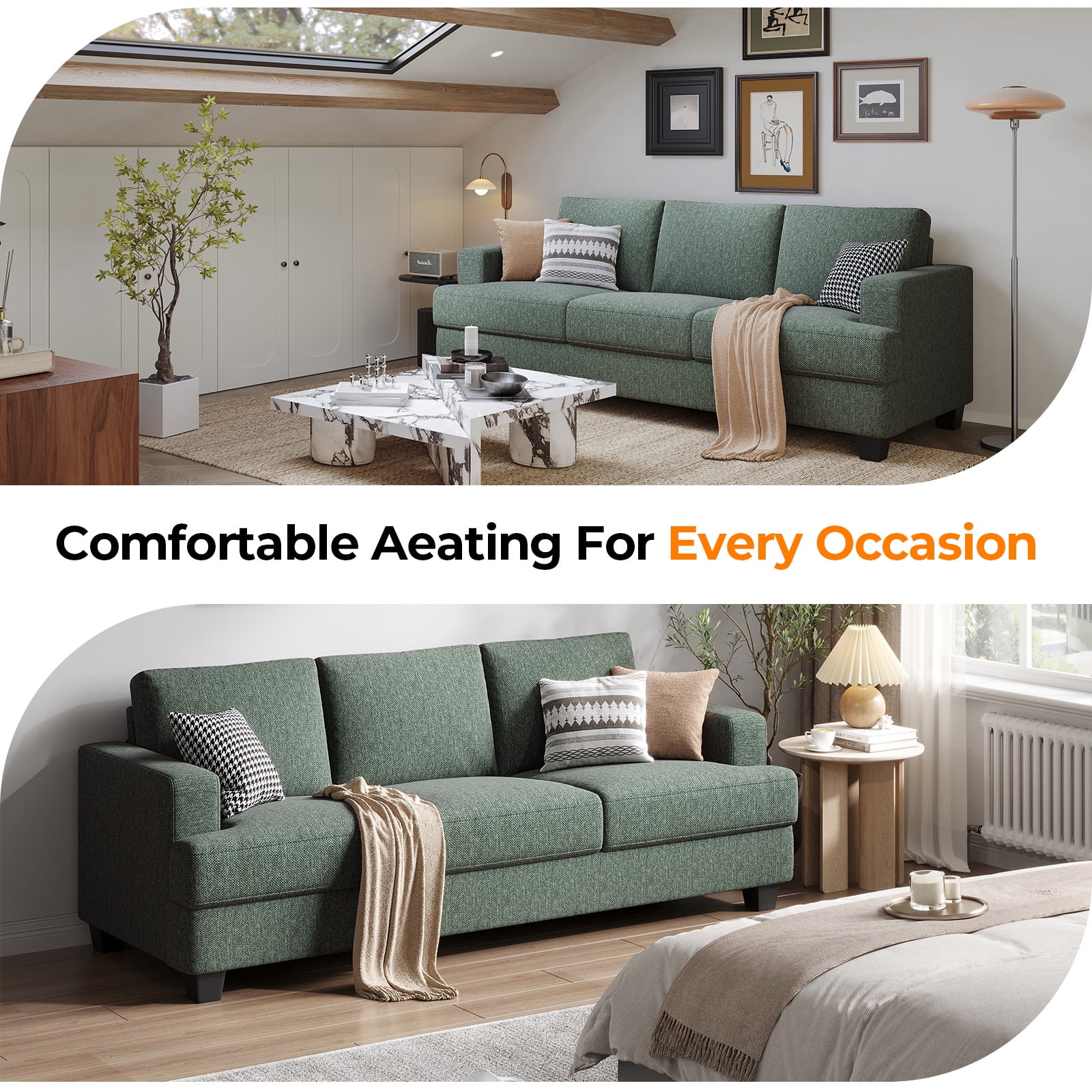 BLAZANT 3 Seater Sofa Oversize, 89" Extra Large Size Sofa Couch with Extra Deep Seats, Modern Loveseat Sofa, Comfortable Fabric, Easy to Install, for Living Room Apartment Lounge, Light Green