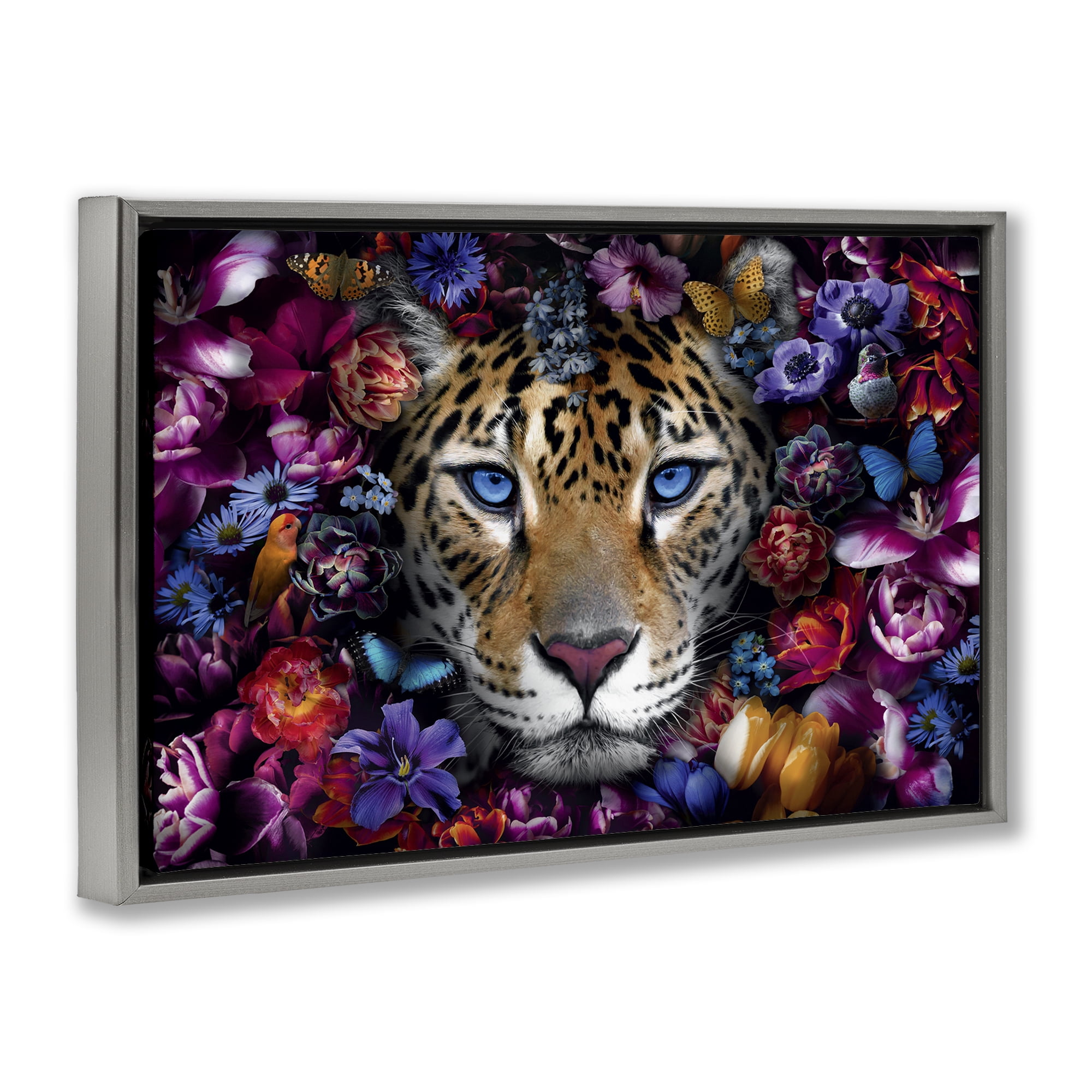 Stupell Industries Piercing Leopard Gaze Plants & Flowers Painting Gray Floater Framed Canvas Art Print Wall Art, 31 x 21