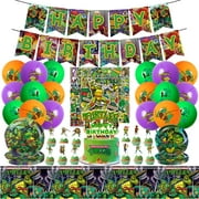 105 Pcs Ninja Turtles Birthday Party Supplies, Cartoon Turtles Birthday Party Decorations Include Banners Cake Cupcake Toppers Balloons Tablecloth Stickers Tableware for Kids Teenage