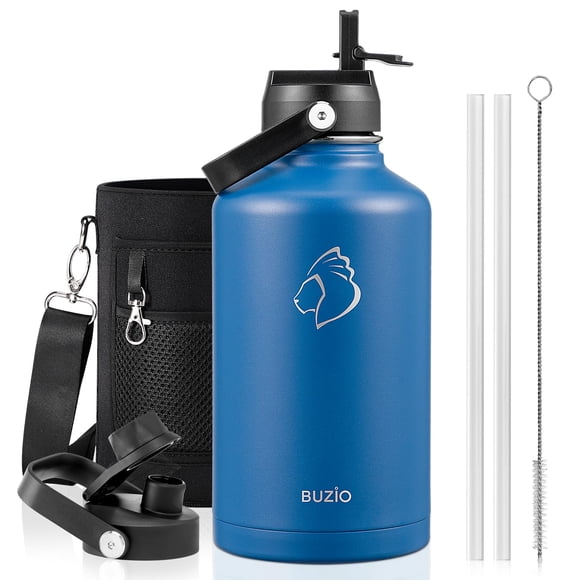BUZIO 64oz Insulated Water Bottle, Half Gallon Stainless Steel Jug (Cold for 48 Hrs), Triple Wall Vacuum Large Metal Flask with Leakproof Straw Lid and Carry Sleeve, Blue