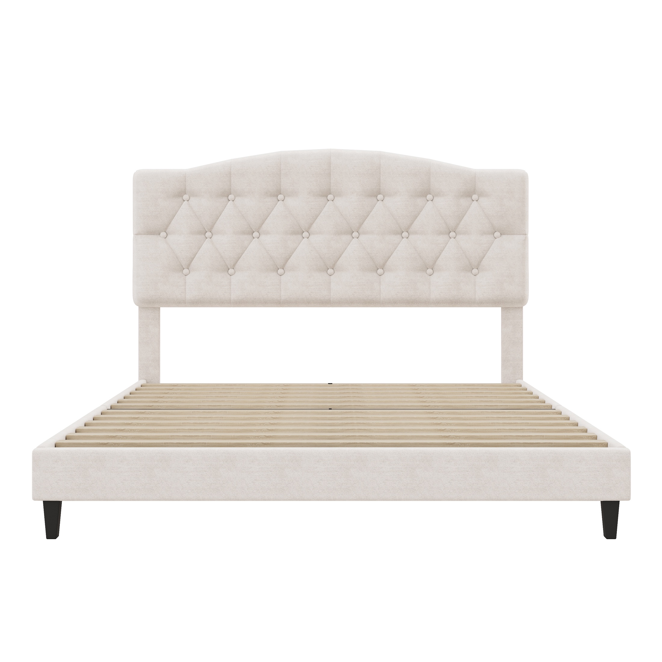 PORKISS Queen Size Linen Bed Frame with Upholstered Button Tufted Adjustable Headboard, Platform Bed with Wooden Slats Support, Holds 800lbs, Beige