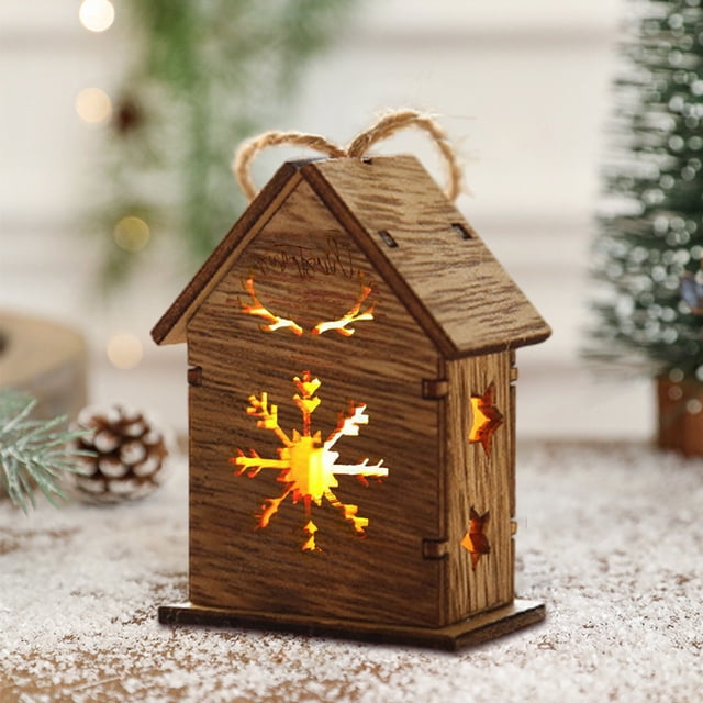 Fiudx Colgante de Casa de Madera Navideña con Luz Led, Detalles de Muñeco de Nieve y Alce, Decoración Encantadora para El Hogar, Ideal para Árbol o Escritorio, Adorno Navideño, Funciona con Pilas, 6,