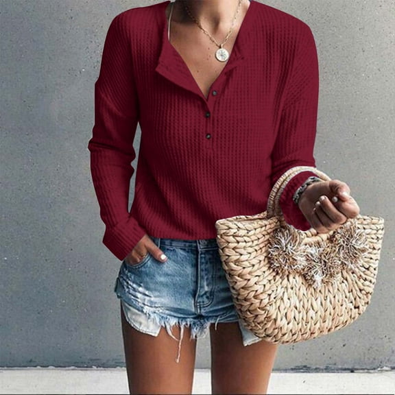 CQONEPT Womens Waffle Tops V Neck Henley Long Sleeve Shirts Lounge Solid Color Blouse Casual Tunic Tops Red XL