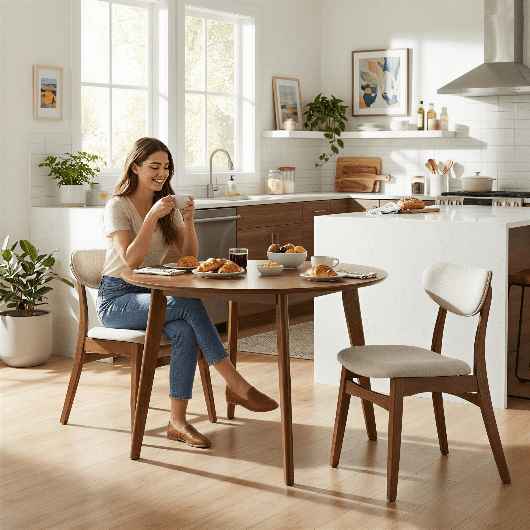 Prilinex Farmhouse Dining Chairs Set of 2, Fabric Upholstered Wooden Dining Chairs with Curved Back & Wood Legs, Mid-Century Kitchen Chairs for Dining Room Restaurant, Beige