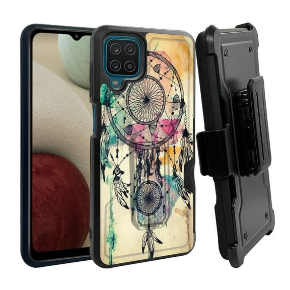 ANJ  Rugged Dual Layer Shockproof Holster Case w/Card Slot, Kickstand   Tempered Glass for Samsung Galaxy A12 - Watercolor Dreamcatcher