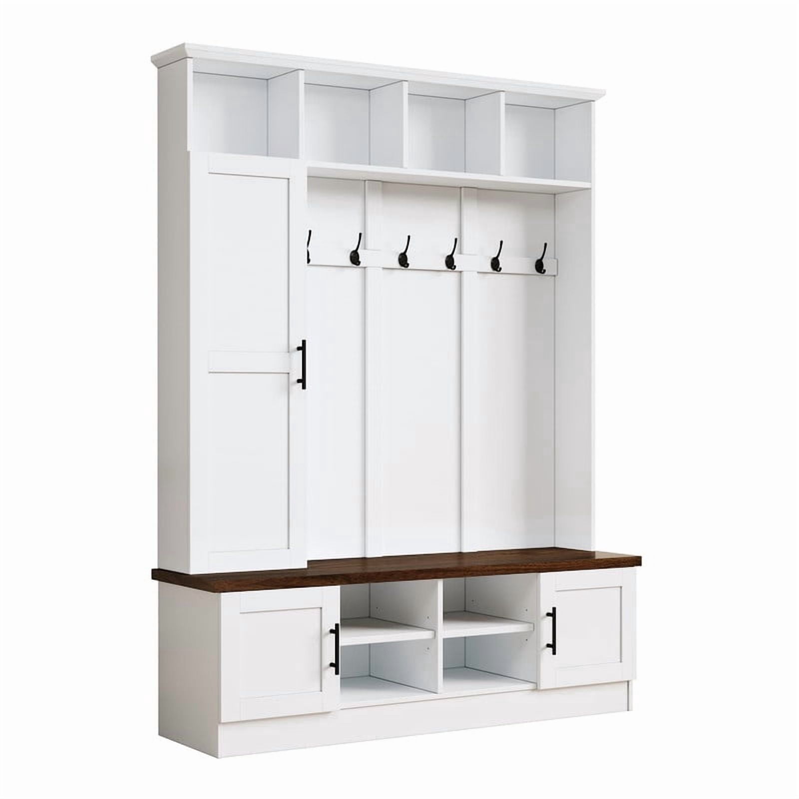 Farmhouse 3-in-1 Hall Tree with 6 Hooks, Entryway Coat Rack with Adjustable Shelves, Versatile Shoe Storage Bench with Open Cubbies