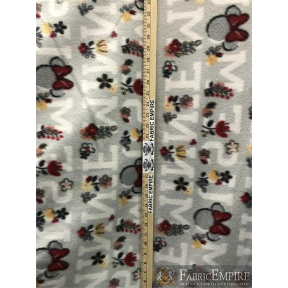 Fleece Printed Antipill Winter Fabric MINNIE MOUSE LOGO AND FLOWERS / 58" Wide/ Sold by the yard