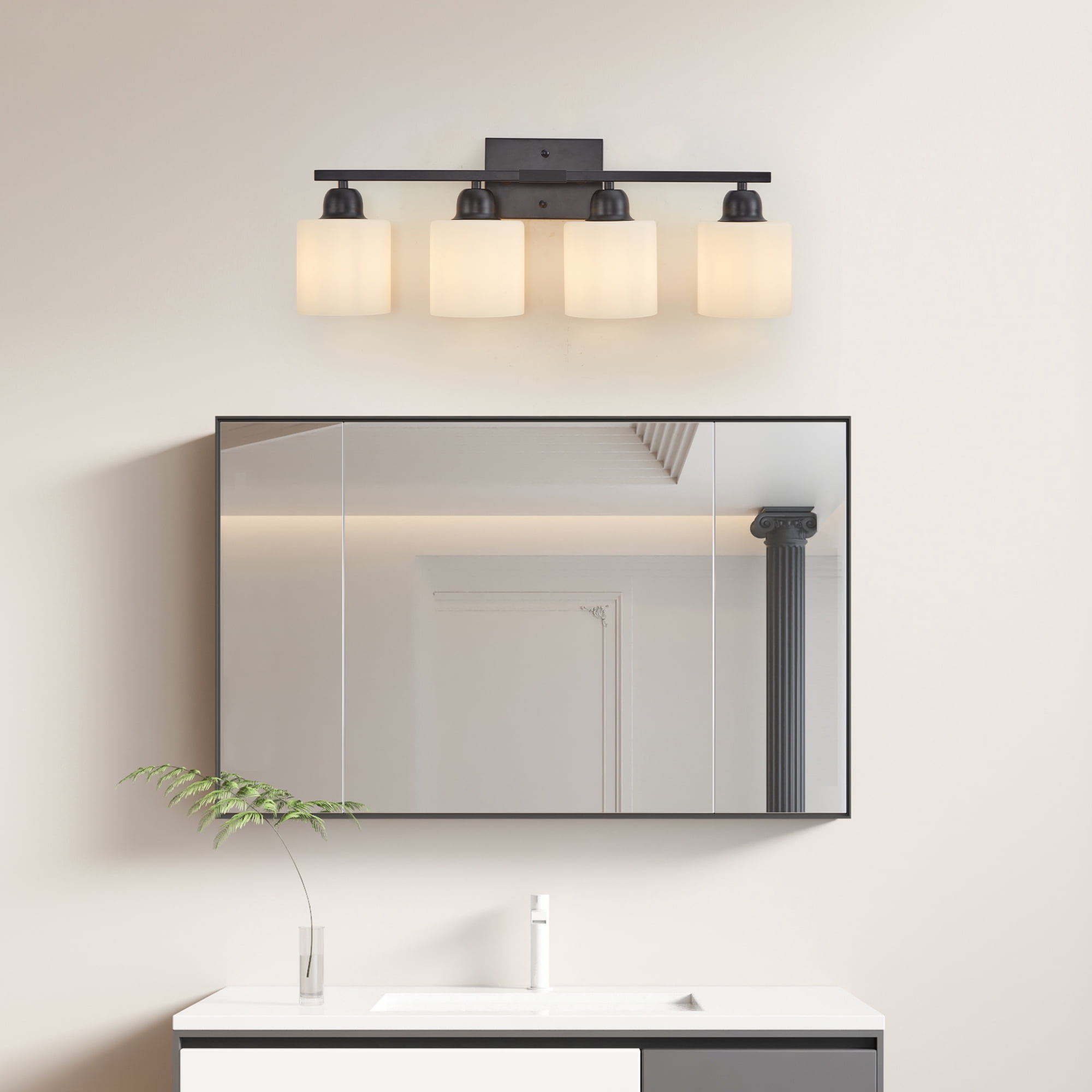 Leumius 4-Light Bathroom Vanity Light Fixture, Modern Vanity Light Over Mirror, Wall Sconces with Milky White Frosted Glass Shades for Mirror, Bathroom, Bedroom and Hallway Black (No Bulbs)