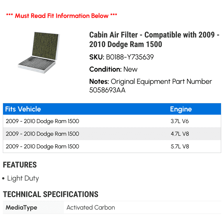 Cabin Air Filter Compatible with 2009 2010 Dodge Ram 1500