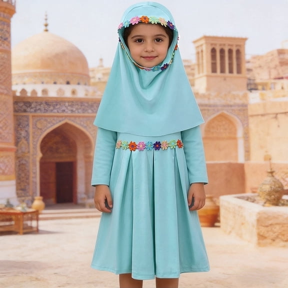 SONGGE Toddler Girls Long Sleeve Abaya Dress And Scarf Outfit Sets For Baby Kids Cartoon Relaxed Fit Clothes Sets