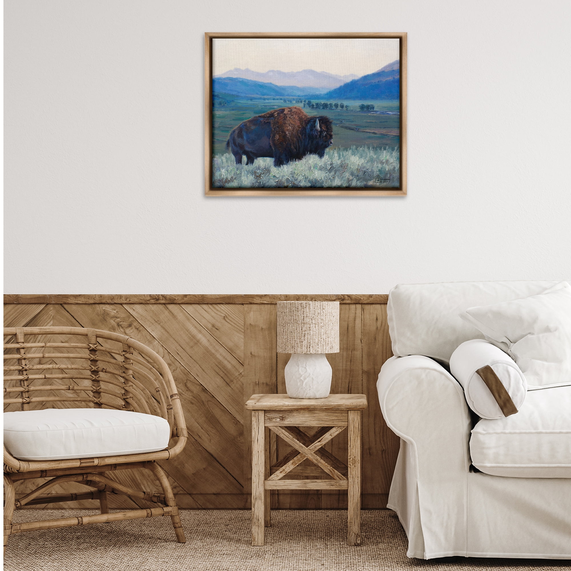 Stupell Industries Bison & Country Mountains Animals & Insects Painting Brown Floater Framed Canvas Art Print Wall Art, 31 x 25