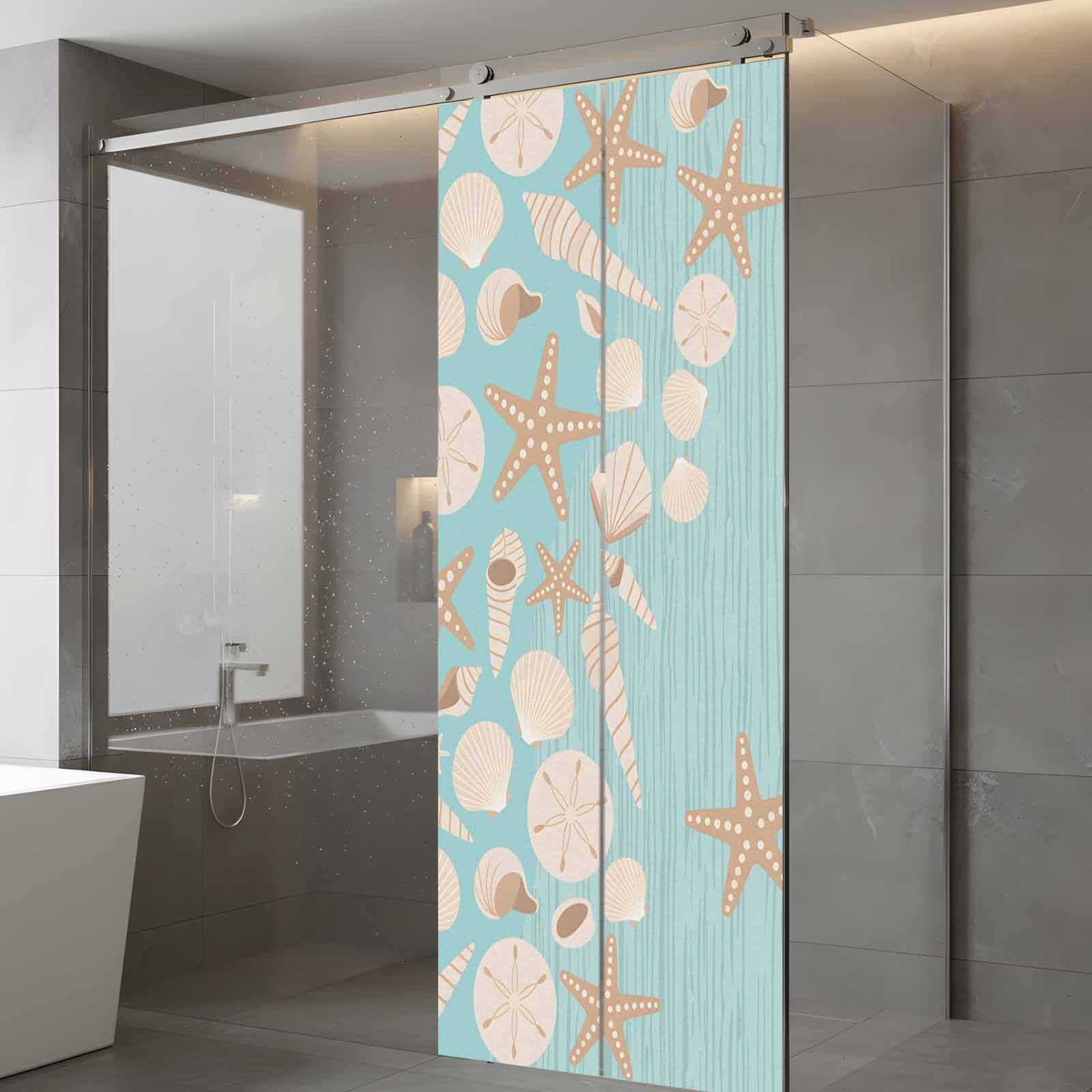 Starfish Shell Window Privacy Film, Abstract Ocean Beach Shore Teal Striped Frosted Glass Window Clings Static Cling UV Heat Blocking Reusable Door Sticker for Bathroom 23.6 x 59 Inch