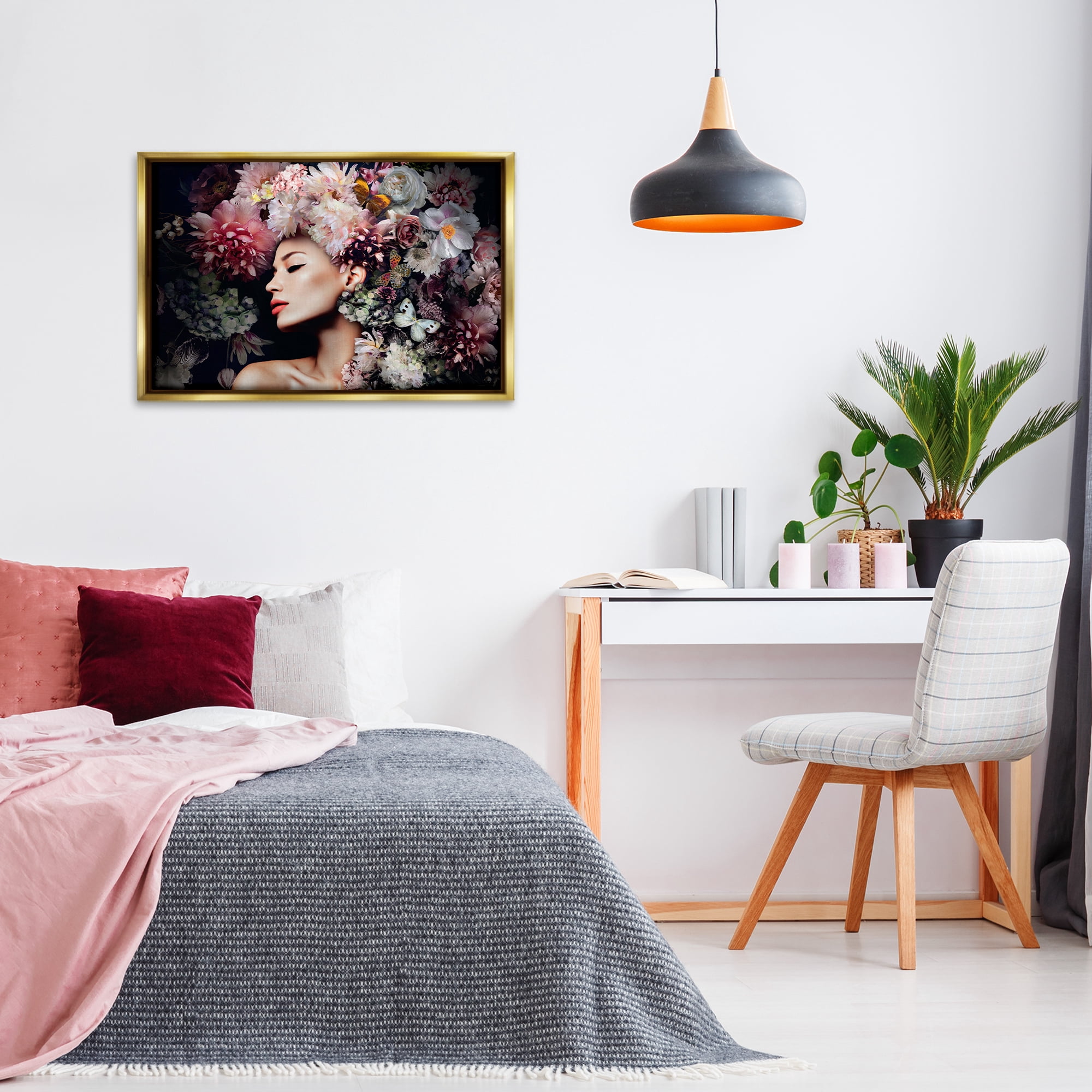 Stupell Industries Nature Florals Female Portrait Plants & Flowers Painting Gold Floater Framed Canvas Art Print Wall Art, 31 x 21