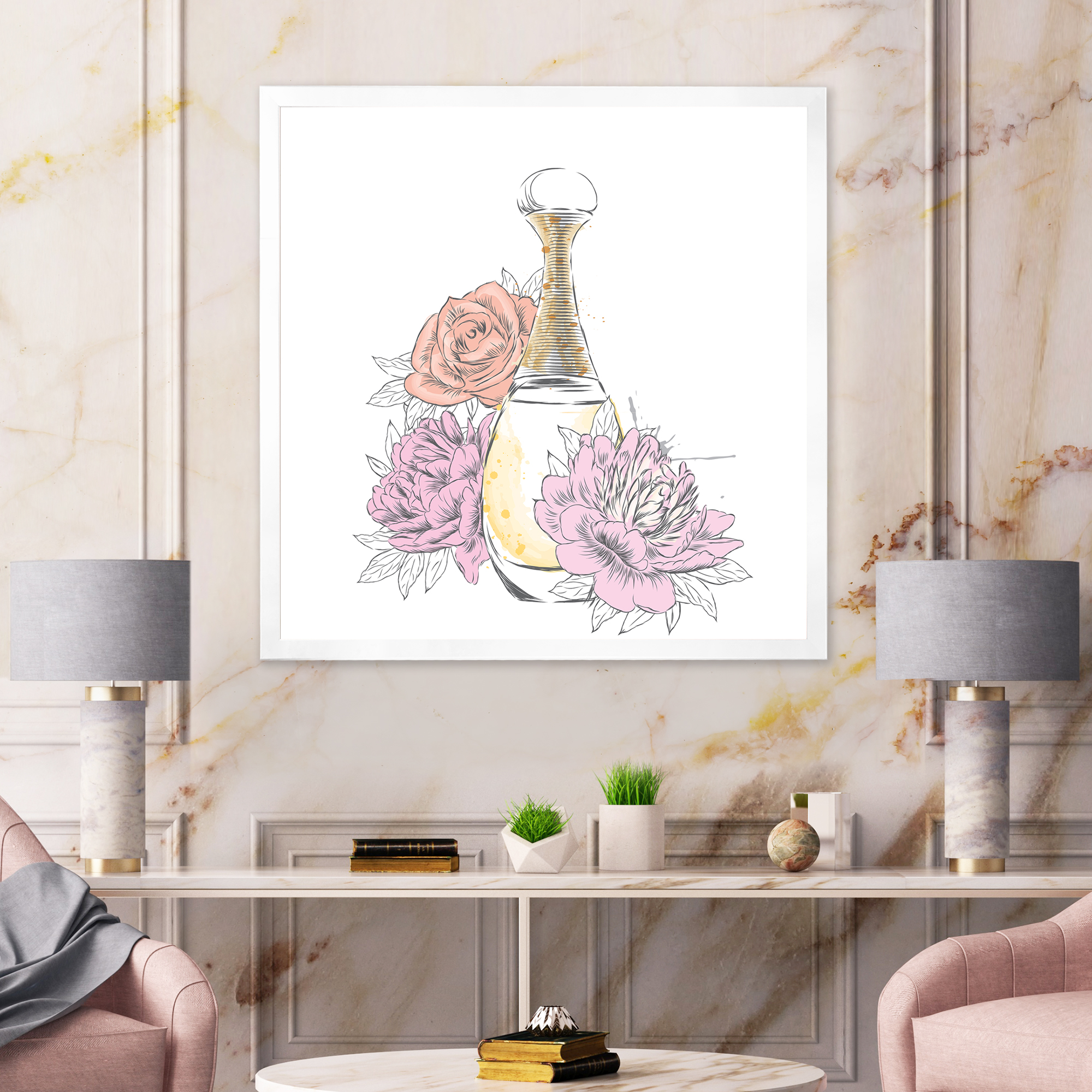 Designart 'Bouquet of Flowers and Perfume Bottle I' Traditional Framed Art Print