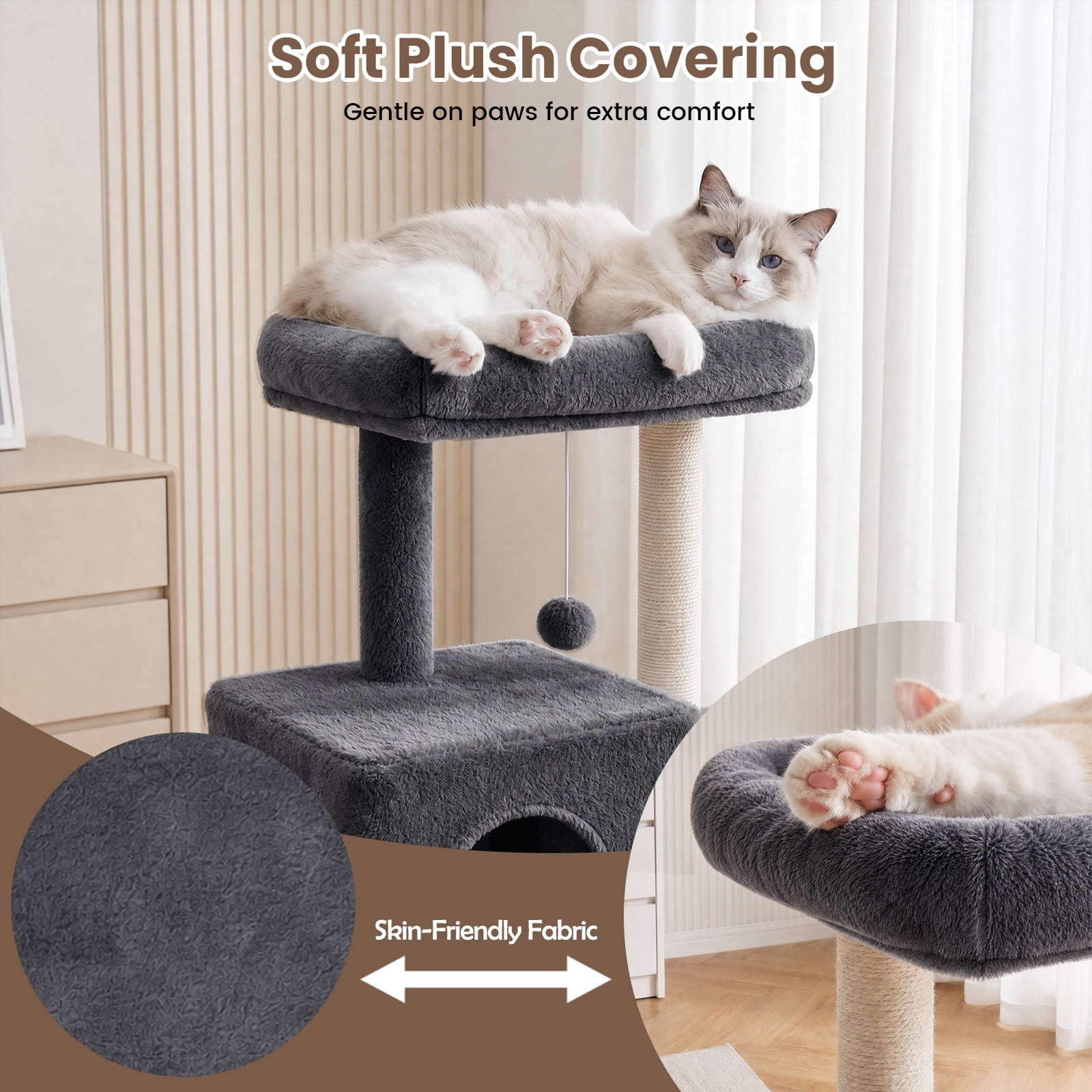 Sturdy 40-inch Cat Tree Tower with Cat Cave & Ramp Steps - Multi-Level Play & Sleep Center for Large Indoor Cats, Dark Gray