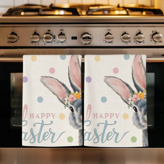 Happy Easter Kitchen Towels Set of 4, Spring Rabbits Polka Dots Beige Burlap Absorbent Dish Towels for Kitchen, Microfiber Hand Towel, Quick Drying Tea Towel for Cleaning Decorative Dishcloths