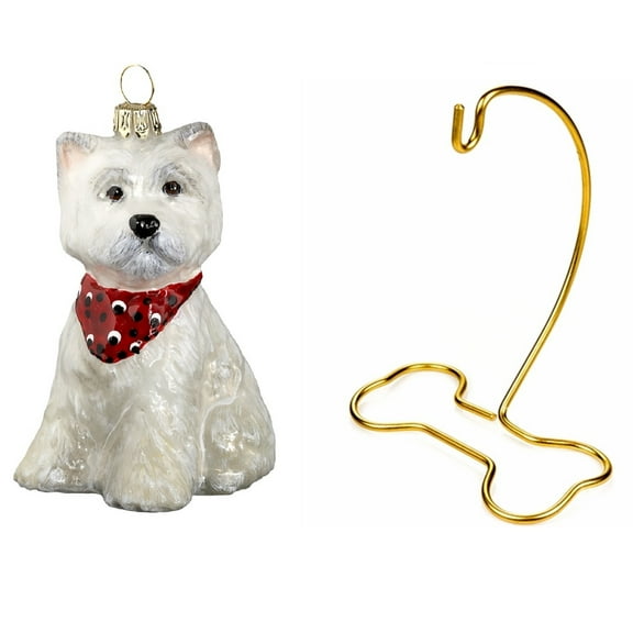 West Highland Terrier Westie Bandana Polish Glass Ornament Dog Bone Stand Set 2