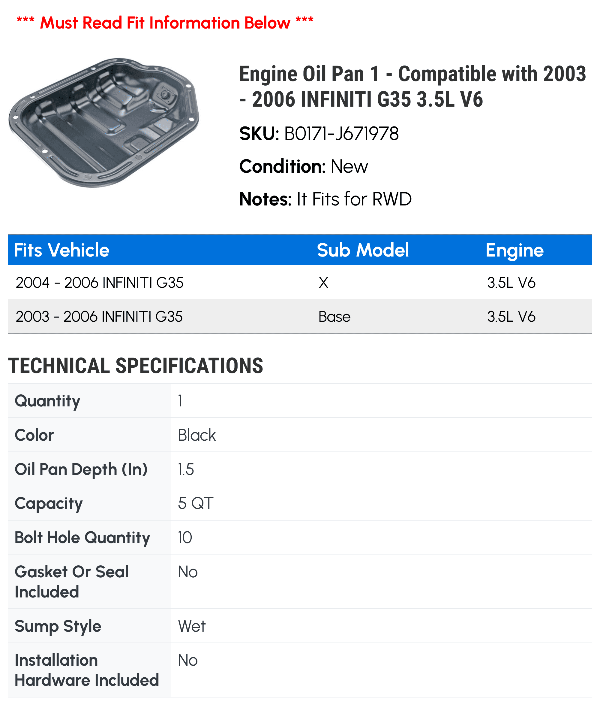 Engine Oil Pan 1 - Compatible with 2003 - 2006 INFINITI G35 3.5L V6 2004 2005