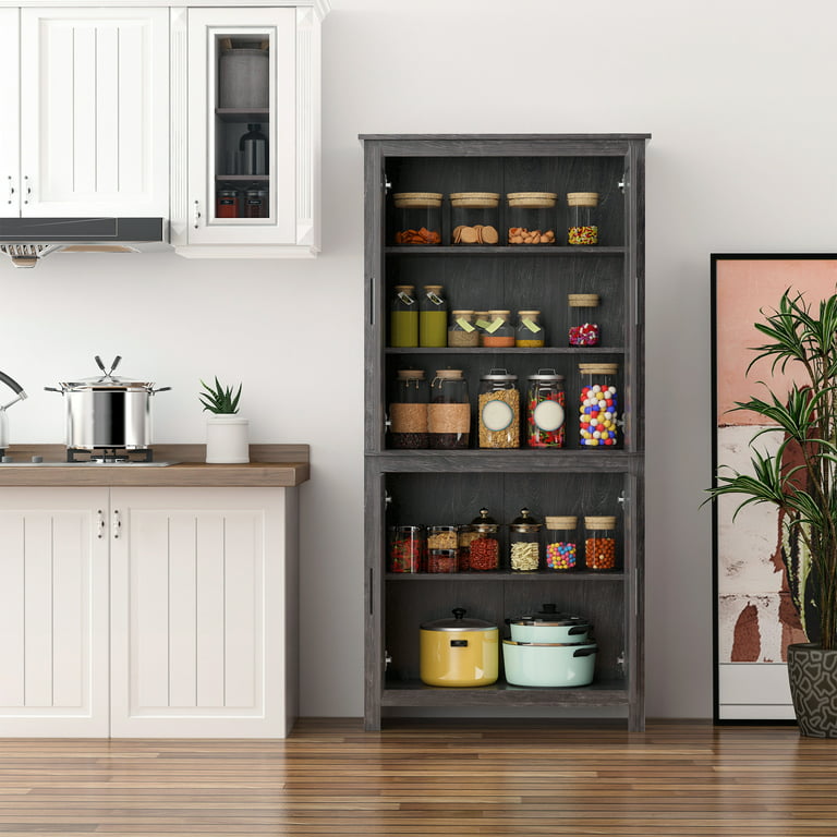 HOMCOM 64 4-Door Kitchen Pantry, Freestanding Storage Cabinet with 3 Adjustable Shelves for Kitchen, Dining or Living Room, Grey