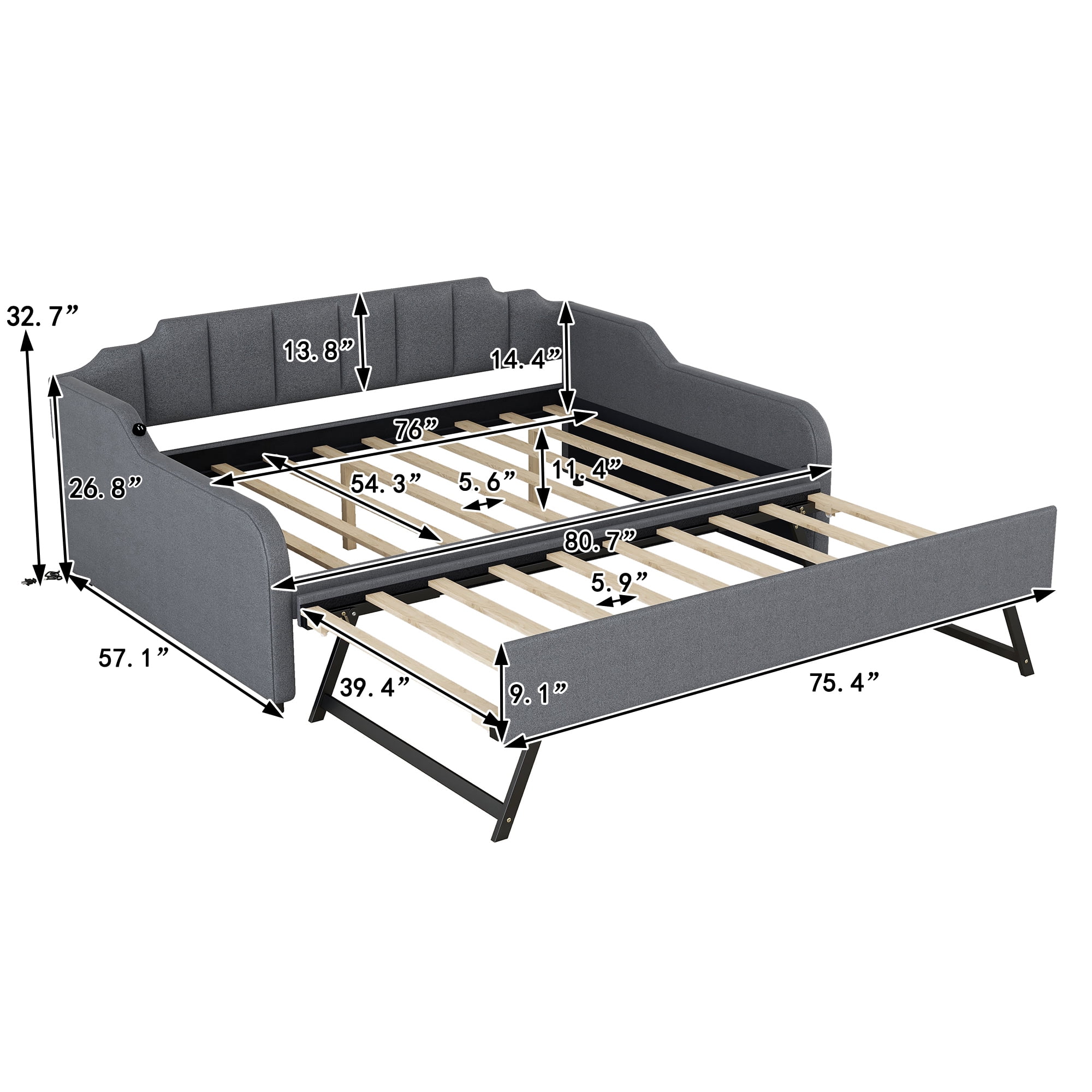 Alvantor Twin Size Daybed with Trundle, Wood Sofa Bed With USB Port for Living Room Bedroom, Gray