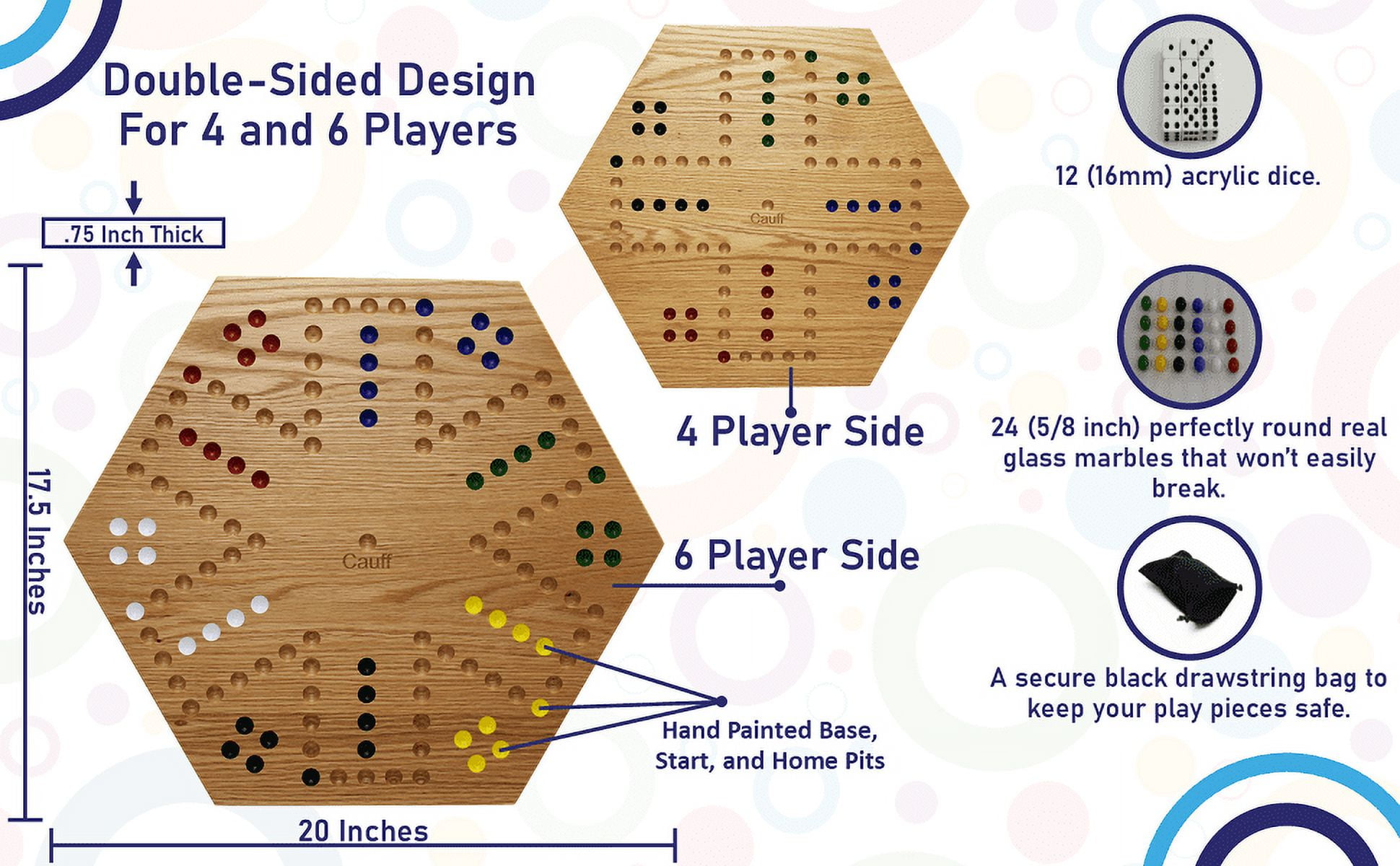 Solid Oak Double Sided Marble Board Game Hand Painted 16 inch