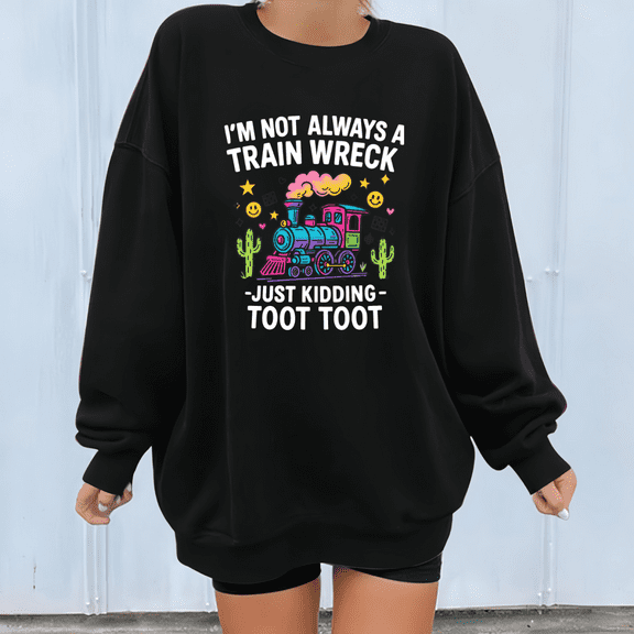 Round-neck long-sleeved Train Wreck Graphic Tee T-Shirt Top Fashion and Comfortable Cotton black S-3XL