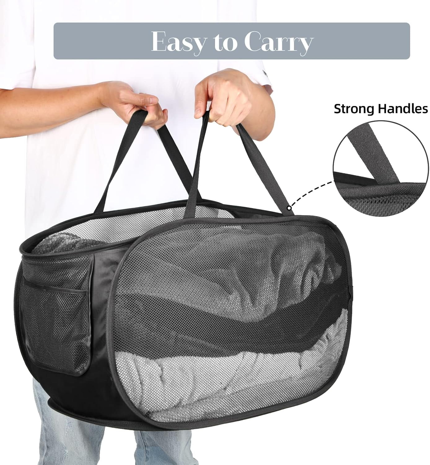 Kiibsot Strong Mesh Pop Up Laundry Basket, Collapsible Laundry Hamper with Side Pocket, Foldable Clothes Hamper with Durable Reinforced Handles for Laundry, Bathroom, Kids Room, Dorm or Travel