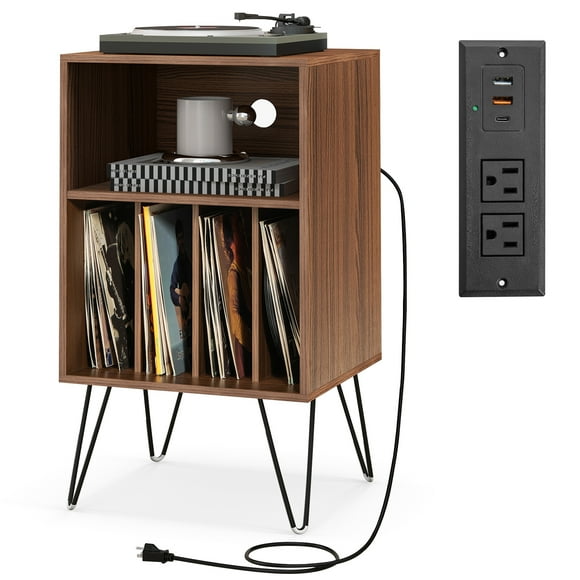 Costway 1 PCS 3-Tier Record Player Stand with Charging Station Shelf & 4 Dividers for Bedroom