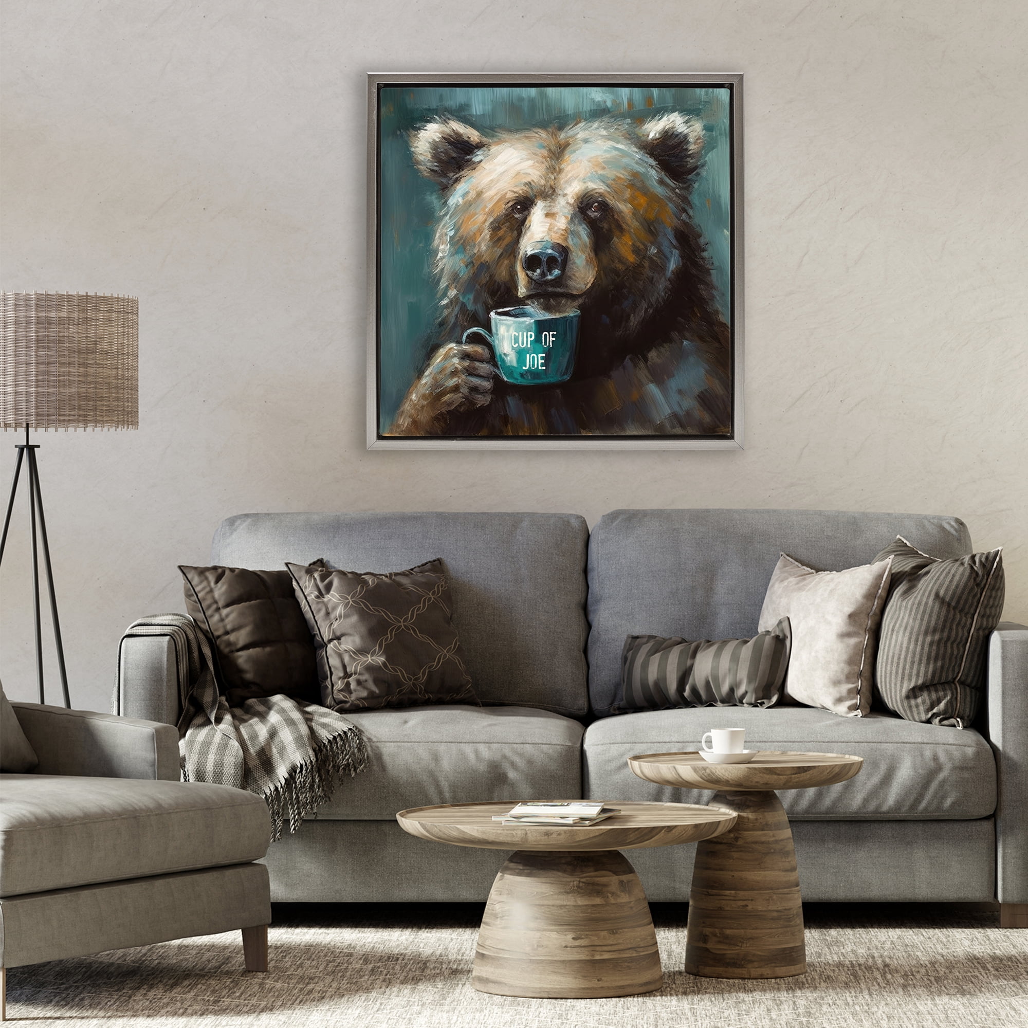 Stupell Industries Bear with Cup Of Joe Gray Framed Floater Canvas Wall Art, design by Tina LeCour