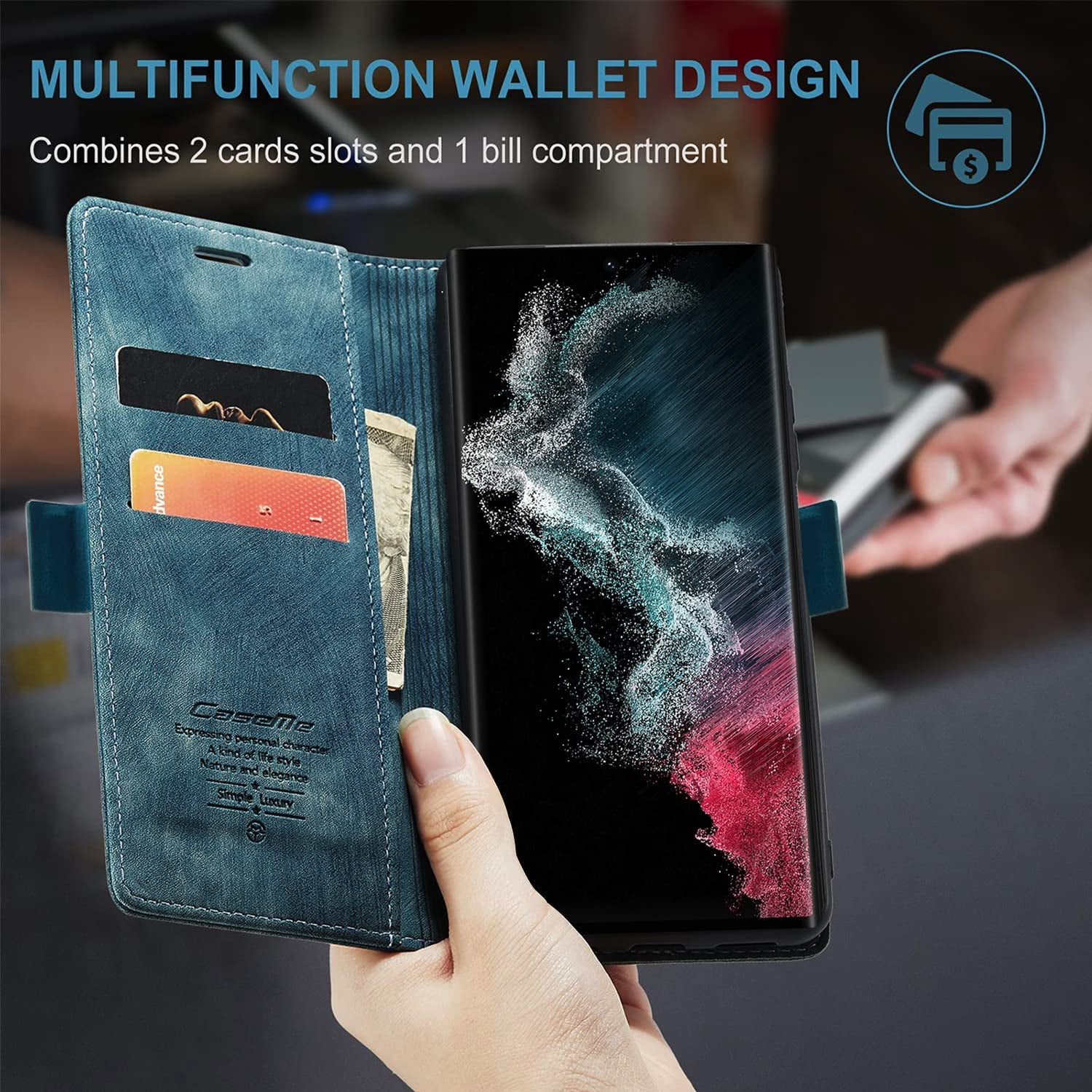 KONEE Phone Case Compatible with Samsung Galaxy S22 Ultra 5G,Leather Case PU Leather Flip Phone Case with [Card Slot] [Stand Function], Foldable Phone Case for Samsung Galaxy S22 Ultra 5G Case - Blue