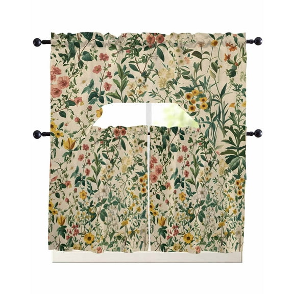 Green Botanical Kitchen Curtains Sets 36 Inch Length with Valance, Vintage Plant Flowers Garden Leaf Motifs Swag Valances and Tiers Curtain Set Drapes Swag Curtains for Living Room, Bathroom, Bedroom