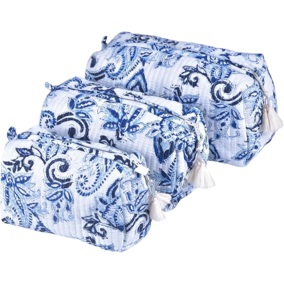 Vivanta Quilted Floral Block Print Makeup Bag Set of 3 – Cotton Travel Toiletry and Makeup Organizer, Cosmetic Pouch, Toiletry Bag for Women, Cute Boho Coquette Make Up Bags for Women