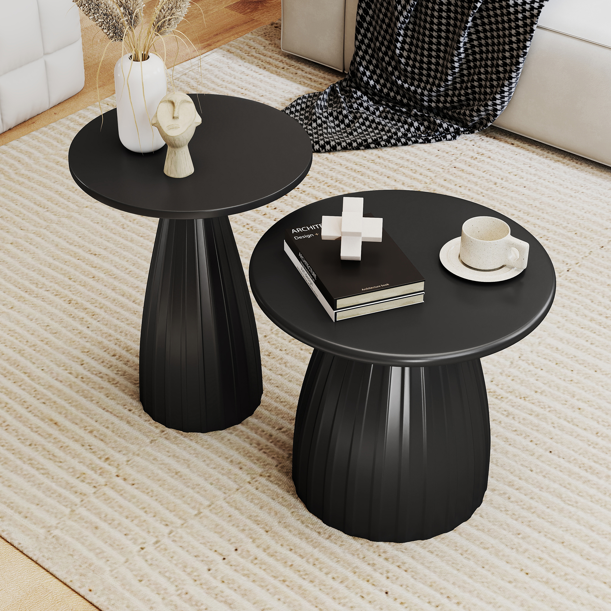Outdoor Side Tables Set of 2, Small Round End Table, Weather Resistant Metal Steel Side Table for Patio Yard Balcony Garden Bedside, No Assembly, Black