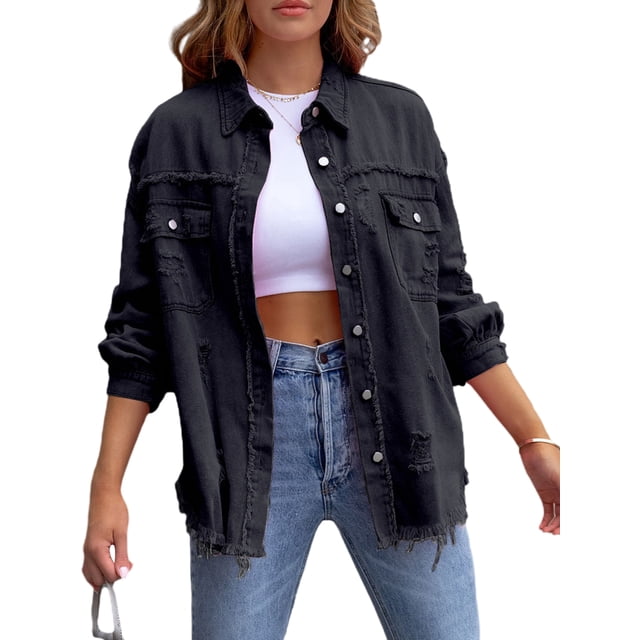 Gupgi Women Denim Jackets Ripped Distressed Coat Solid Color Long Sleeve Button Down Boyfriend Jean Coat