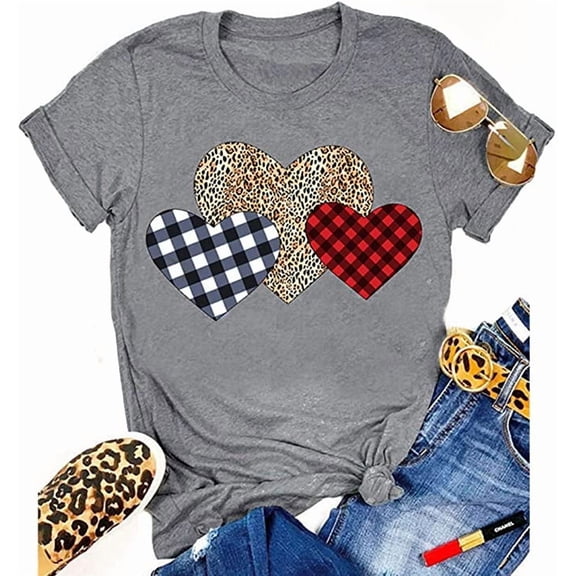 Women Buffalo Plaid & Leopard Heart T-Shirt
