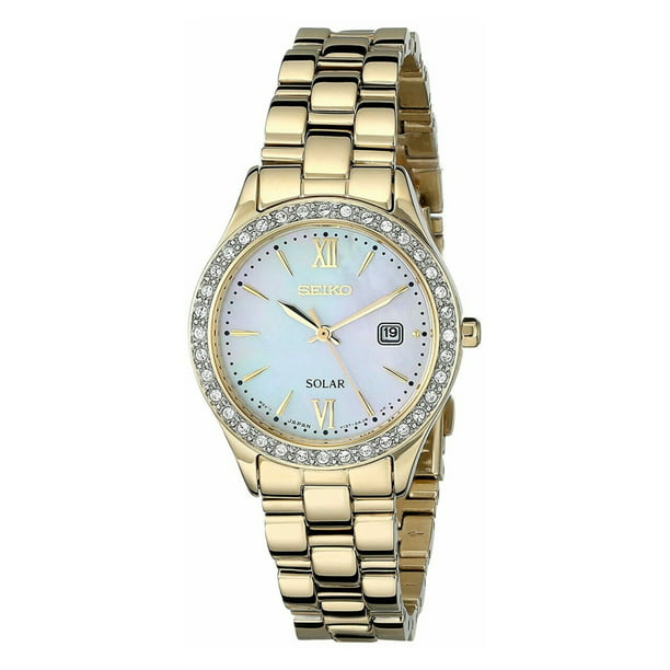 Seiko Women's Solar Mother Of Pearl Dial Gold-Tone Stainless Steel Watch  SUT076 