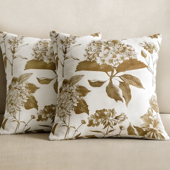 COOKCOK Set of 2 Floral Vintage Throw Pillow Covers Neutral Accent Print Decorative Cushion Covers Farmhouse Home Decor for Sofa Chair Couch Bedroom Living Room Outdoor, 18"x18", Light Brown